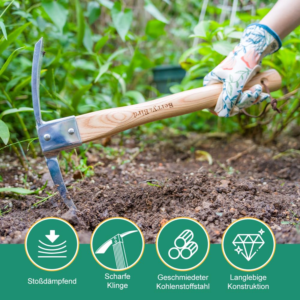 Berry&Bird Gartenhacke Pickel Hoe, Edelstahl-Spitzhacke, Hacke mit Holzgriff, Robustes Handhacke zum Umpflanzen, Graben, Pflanzen, Auflockern von Erde, Spitzhacken für Gartenarbeit, Camping