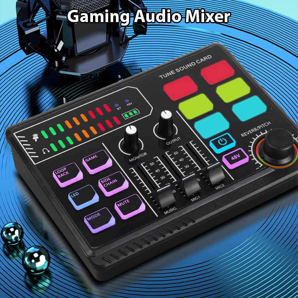 Btuty Mixer Audio Da Gioco 48V Phantom Power Interfaccia Audio RGB Light BT Plug And Play Scheda Audio Per Canto Da Tavolo Mixer Per Streaming Live Podcasting Contenuto Crea Giochi Ricaricabile