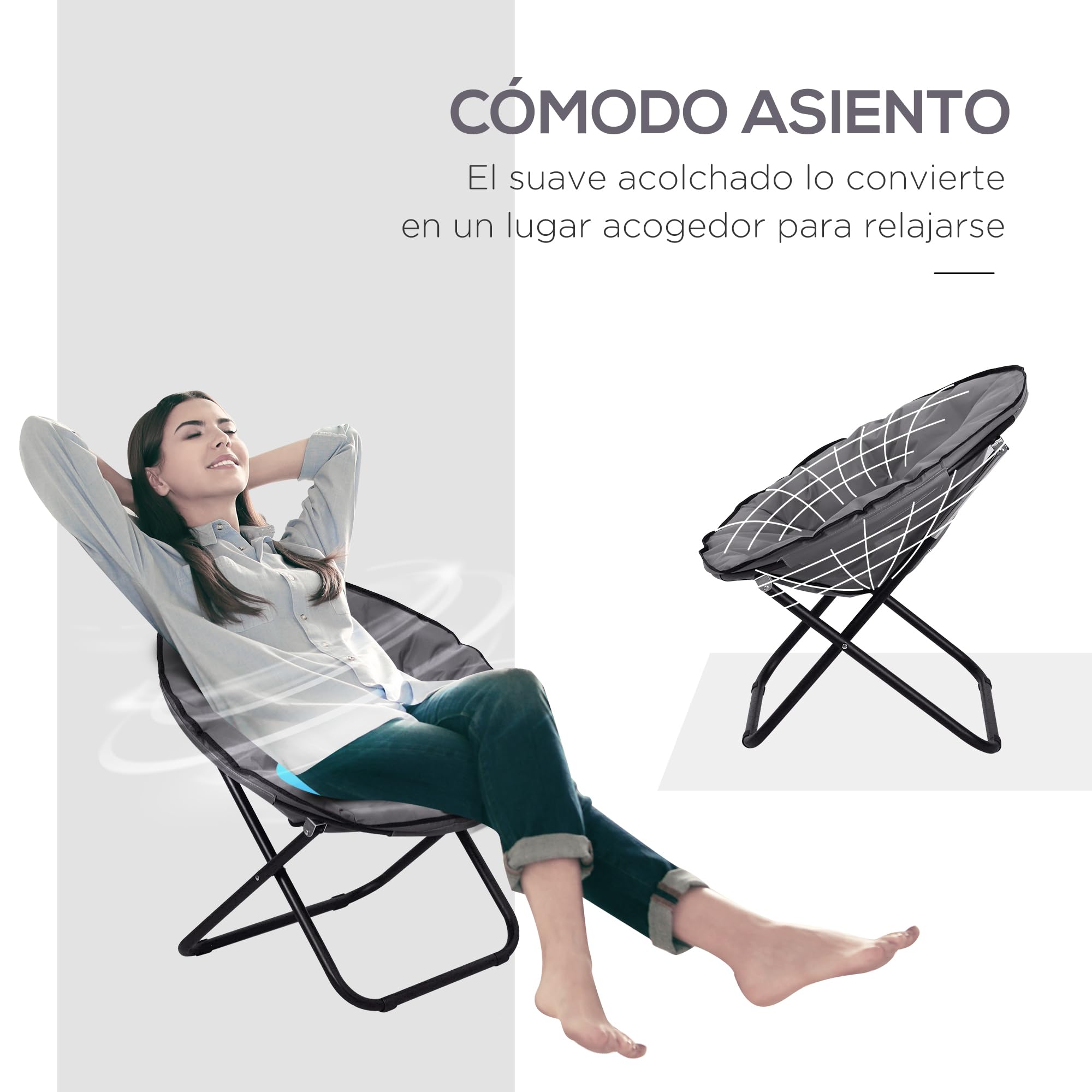 Outsunny Silla de Luna Plegable Silla de Camping Silla de Platillo con Patas de Metal y Asiento de Tela Oxford Carga 120 kg para Playa Terraza Patio 80x80x75 cm Gris