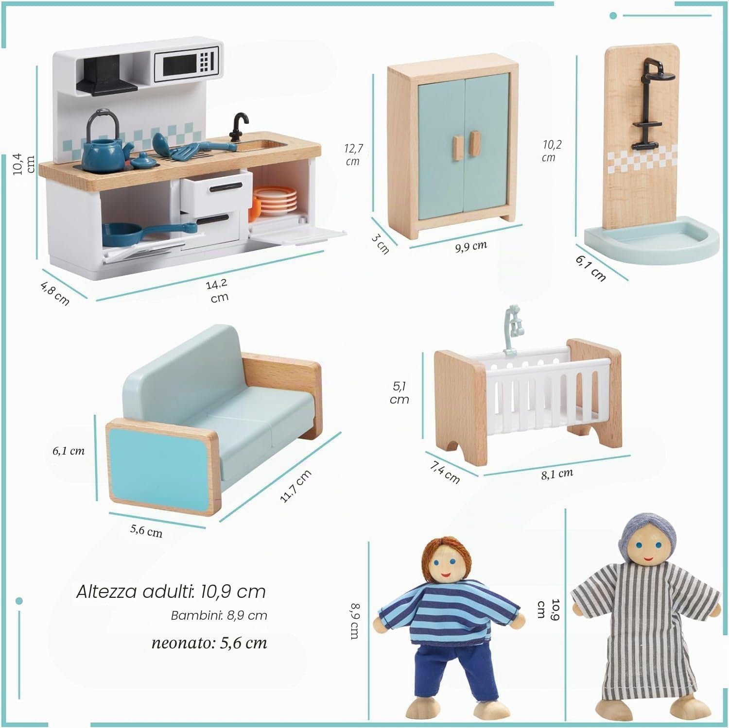 Giant bean Set di Mobili Casa Bambole Legno, 36 Mobili Casa Bambole con 4 Bambole di Famiglia, Accessori Casa Delle Bambole, Giocattoli Per Bambini dai 3 Anni In Su