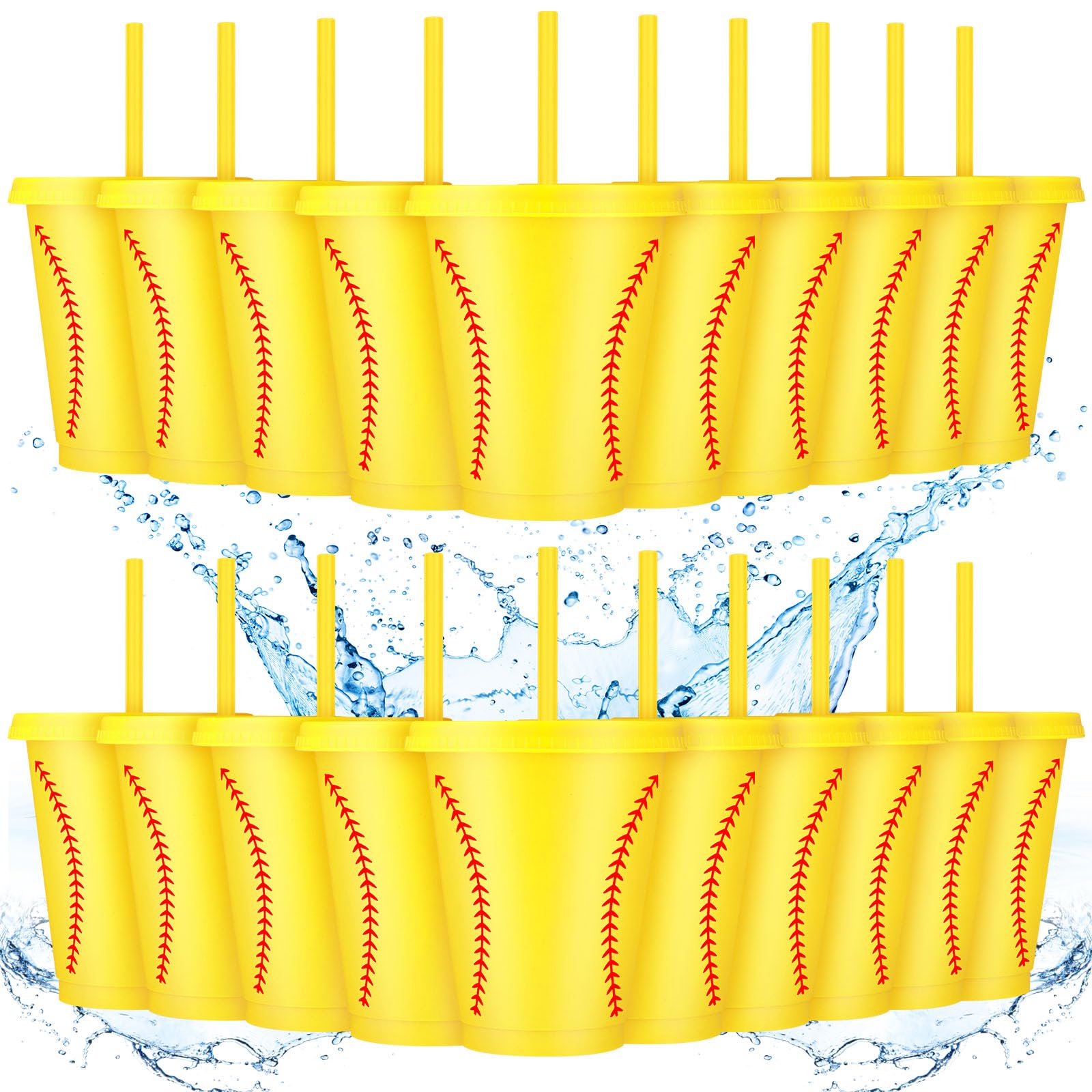 Domensi 20 Pcs Softball Party Favor Cups Bulk 16oz Cups Reusable Plastic Tumbler with Lid and Straw for Team Fan Coach Friend Men Women Gifts Party