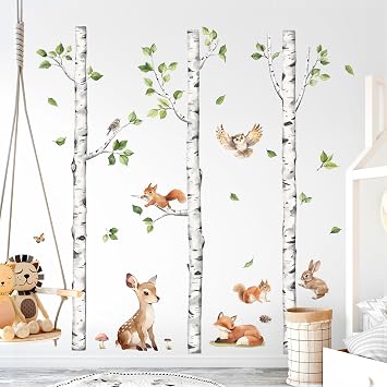 Tanlaby Large White Birch Tree Wall Decals Forest Animals Wall Stickers