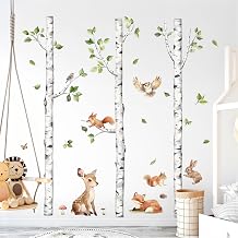 Tanlaby Large Birch Tree Wall Sticker Fox Owl Deer Wall Stickers Animals Plant Tree Wall Decoration for Children's Room Baby Nursery Living Room