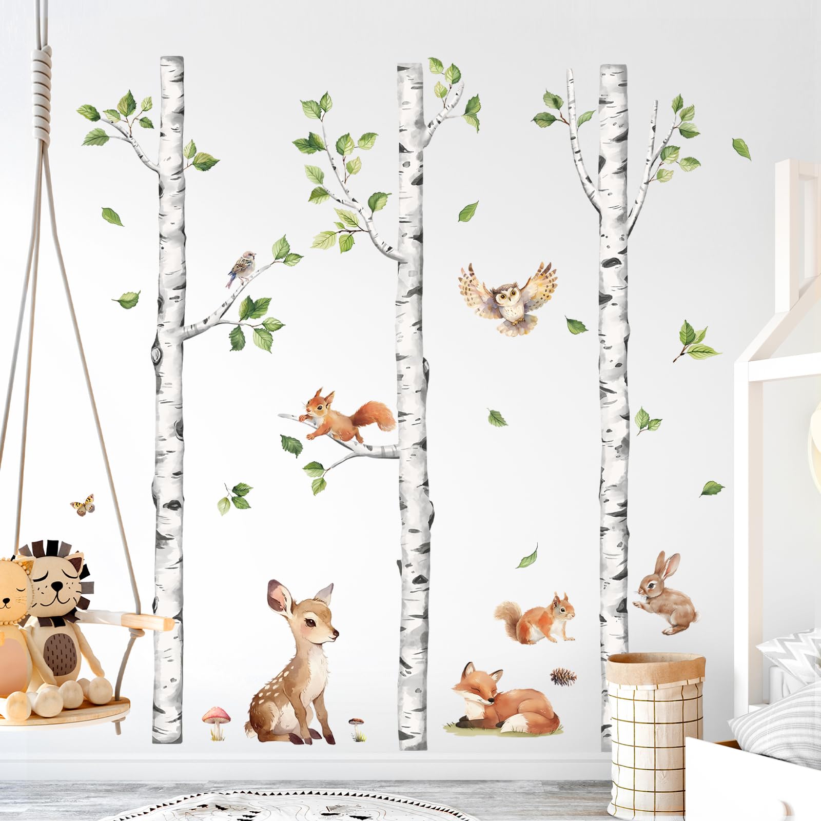 Tanlaby Abedul Animales Adhesivos Pared Grande Bosque Árbol Pegatinas de Pared Ciervo Zorro Conejo Vinilos Decorativos para Niños Bebés Habitación Dormitorio Guardería