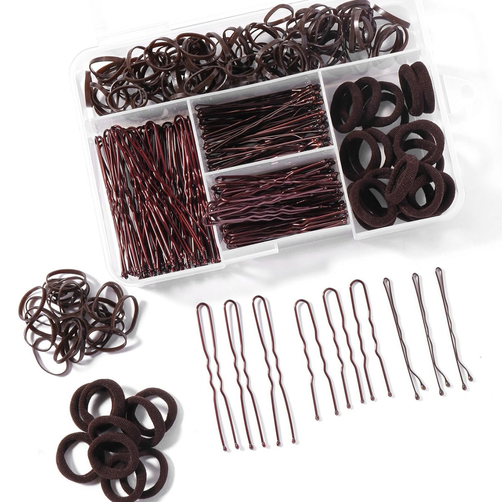 300pcs Bobby Pins Kit, Hair Pins for Women Brown, Hair Bands,U Shape Pin for Buns Braids and Updos with Storage Box