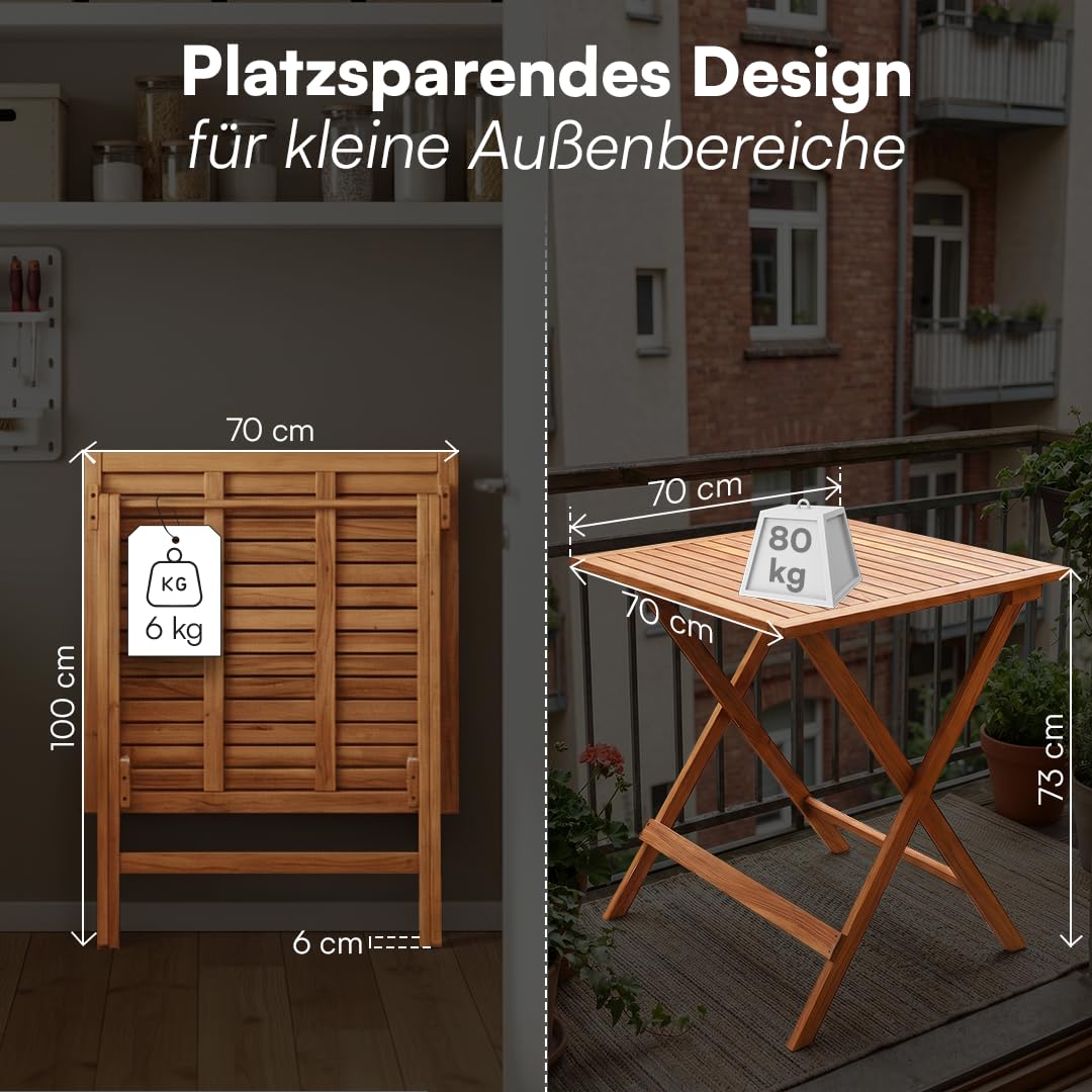 STEELSØN Lystra Gartentisch – Balkontisch 70x70 cm aus Akazienholz geölt – Klapptisch wetterfest bis 80 kg belastbar – Esstisch Garten klappbar – Outdoor-Tisch klein – Holztisch Terrasse – Gartenmöbel