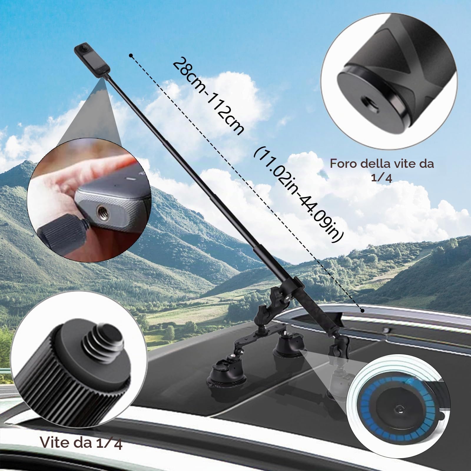 Set Di Supporto Per Auto Con Tripla Ventosa, Supporto Per Auto Con Tripla Ventosa E Morsetto Per Insta360 Gopro Akaso Action Camera Supporto Per Selfie Stick Retrattile Da 28-112 Cm Con Braccio Magico