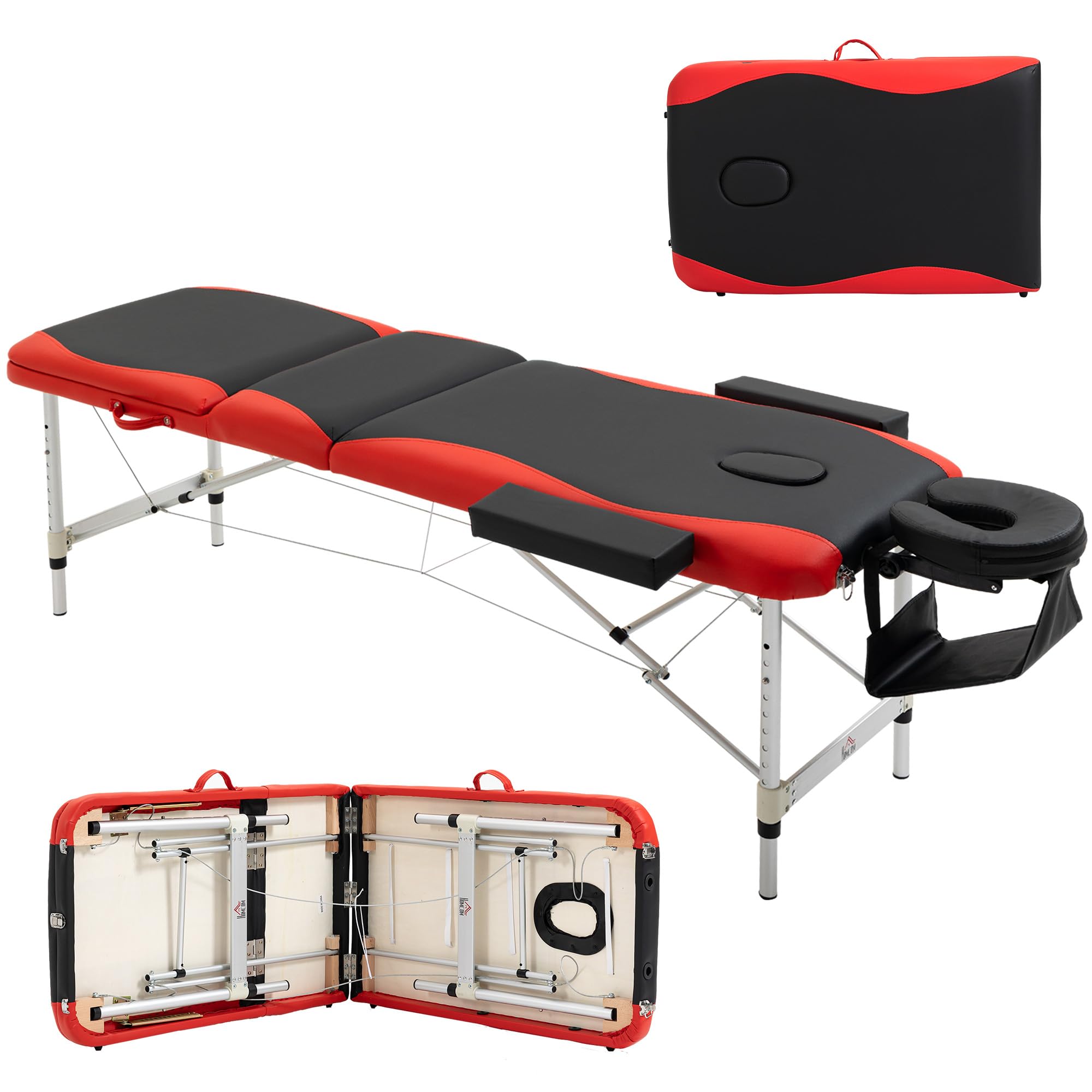 HOMCOM Lettino da Massaggio Pieghevole ad Altezza Regolabile, Lettino Professionale per Massaggi in Alluminio e Plastica, 215x81x61-84 cm, Nero e Rosso
