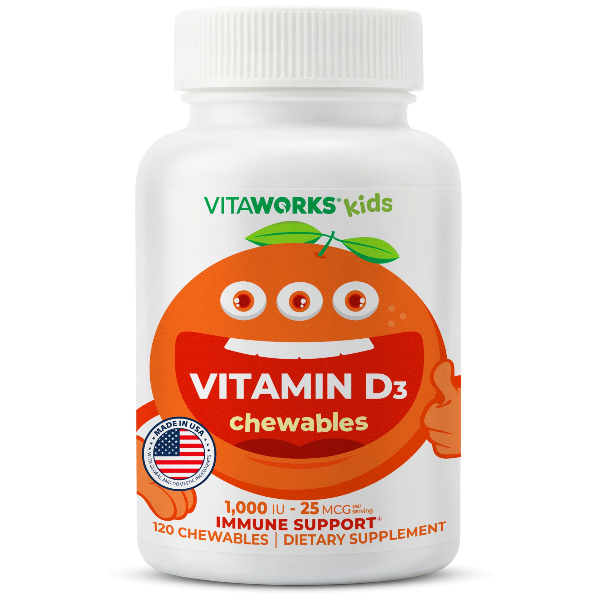 Kids Vitamin D 1000 IU Chewable Tablets - Tasty Natural Orange Flavor - Vegan, GMO-Free, Gluten Free, Nut Free Vitamins - Dietary Supplement for Immune Support - for Children - 120 Chewables