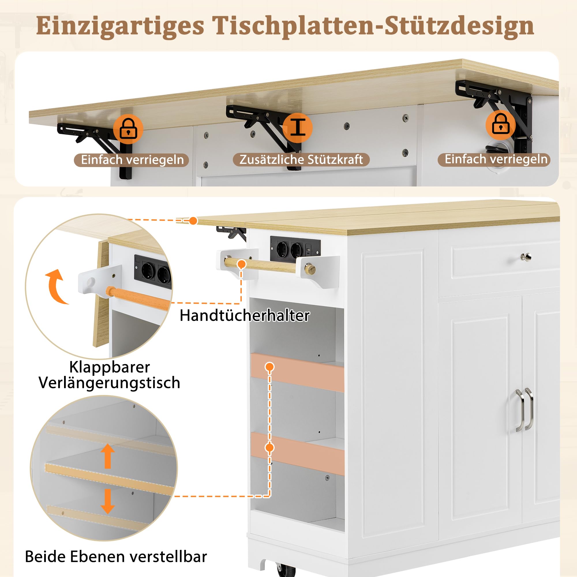 Kücheninsel mit Rollen & ausziehbarer Tischplatte, Mobile Kücheninsel mit Steckdosen, Schubladen & Abfalltrennsystem, Platzsparender Küchentrolley für kleine Küchen & Esszimmer (Weiß)