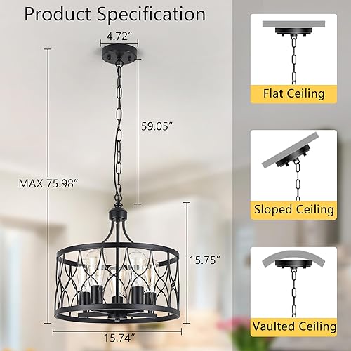 Miniatura 3 de Lámpara de techo negra de 15.74 pulgadas, altura ajustable, 5 luces modernas industriales de metal para cocina, isla de comedor, sala de estar y