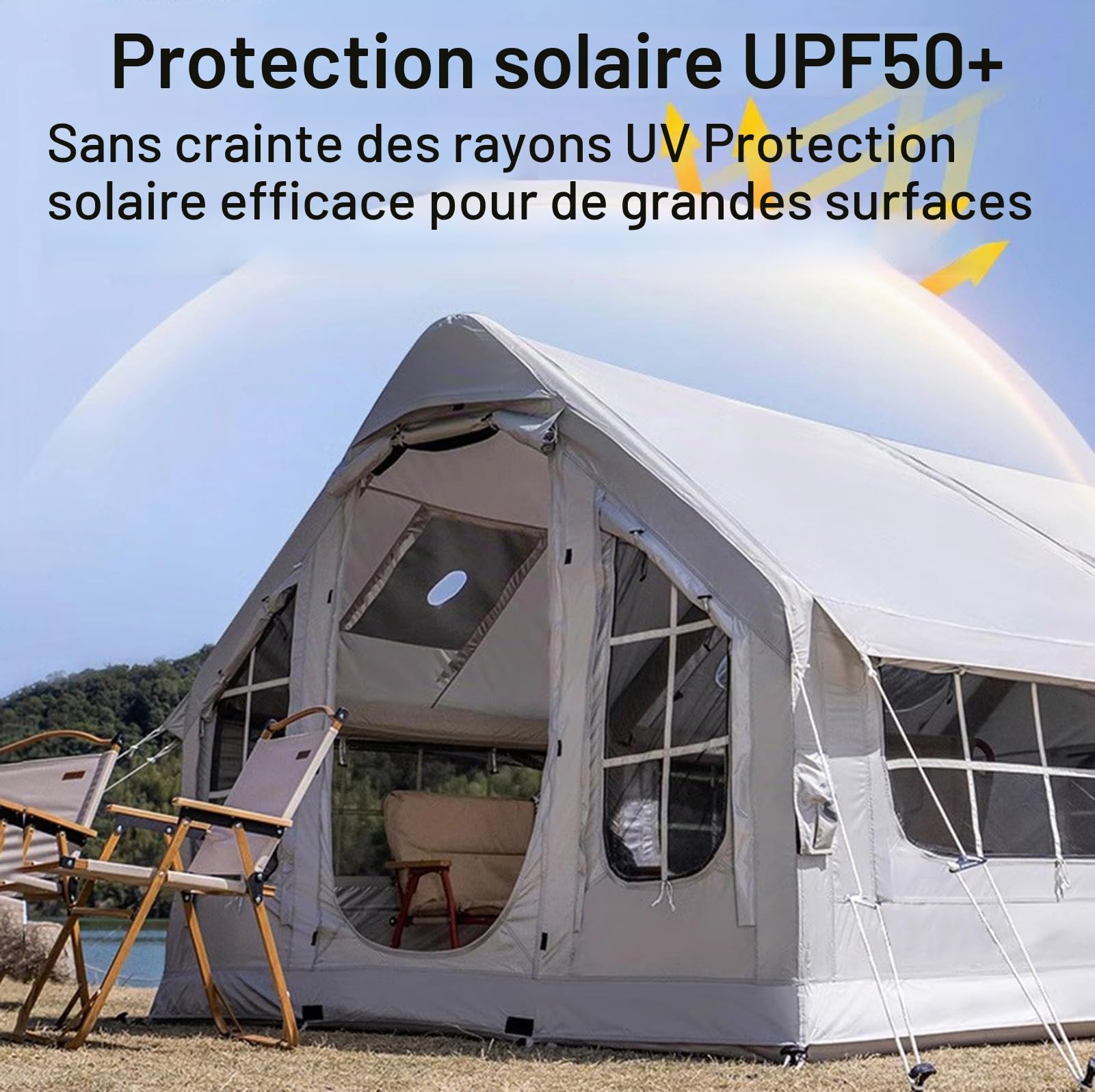 Tente De Camping Gonflable avec Ouverture De Cheminée, Tente Gonflable, Grande Tentes Extérieure Imperméables avec Pompe À Air pour 6-8 Personnes, Tentes Camping Familiale, Protection UPF 50+