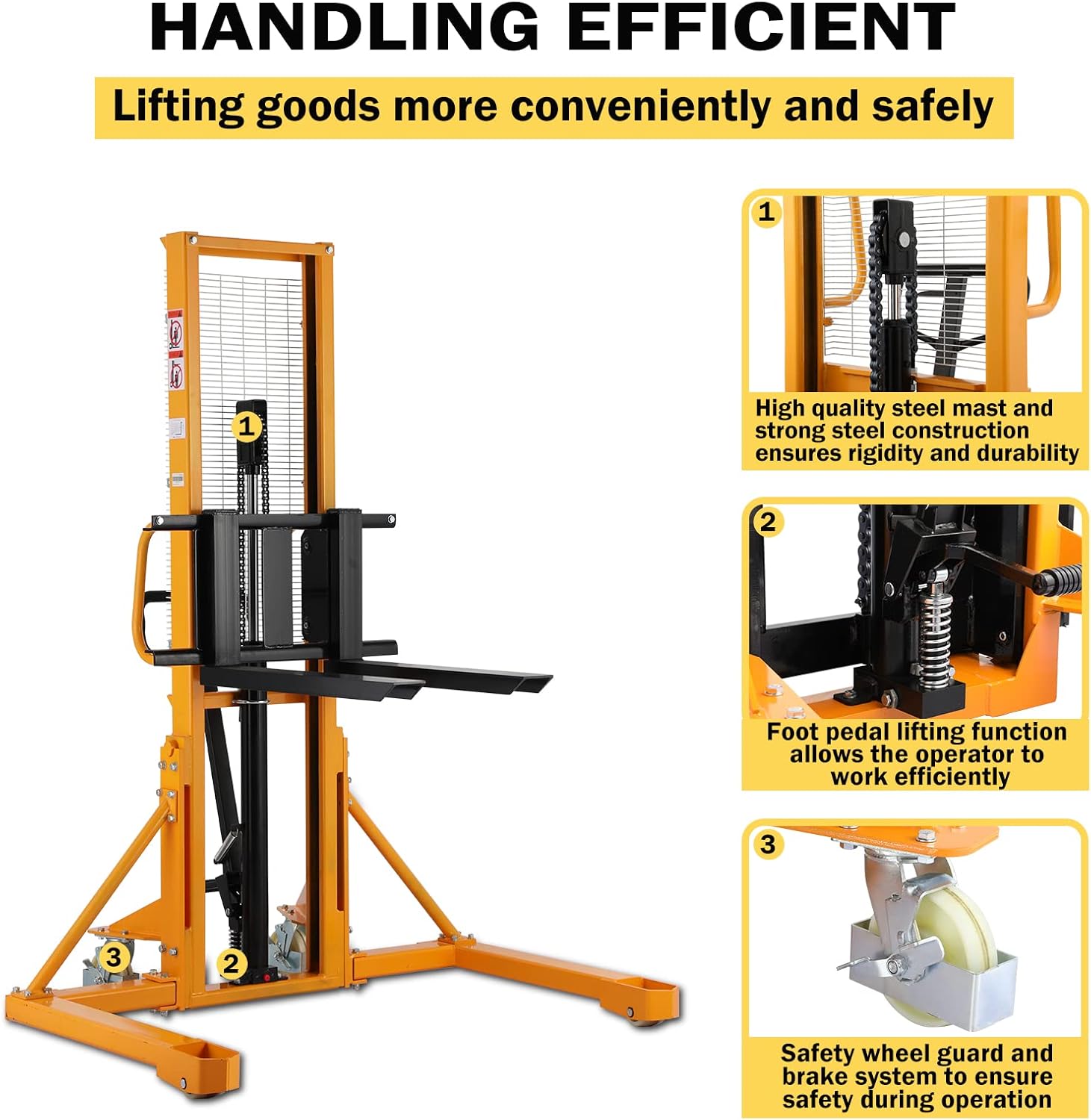 APOLLOLIFT Manual Pallet Stacker with Straddle Legs 1100lbs Capacity 63" Lift Height Adjustable Forks