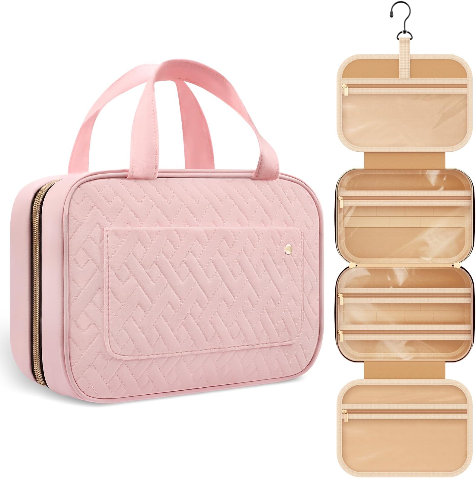 HOTOR Travel Toiletry Bag for Women with Hanging Hook - Portable Cosmetic Case, Toiletry Bag for Traveling Women, Waterproof Travel Essentials, Pink