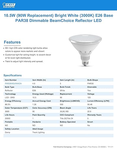 Miniatura 7 de Feit Electric IntelliBulb BeamChoice - Bombilla LED reflectora, interiorexterior, PAR38 en base E26, 90 CRI, regulable, equivalente a 90 vatios,