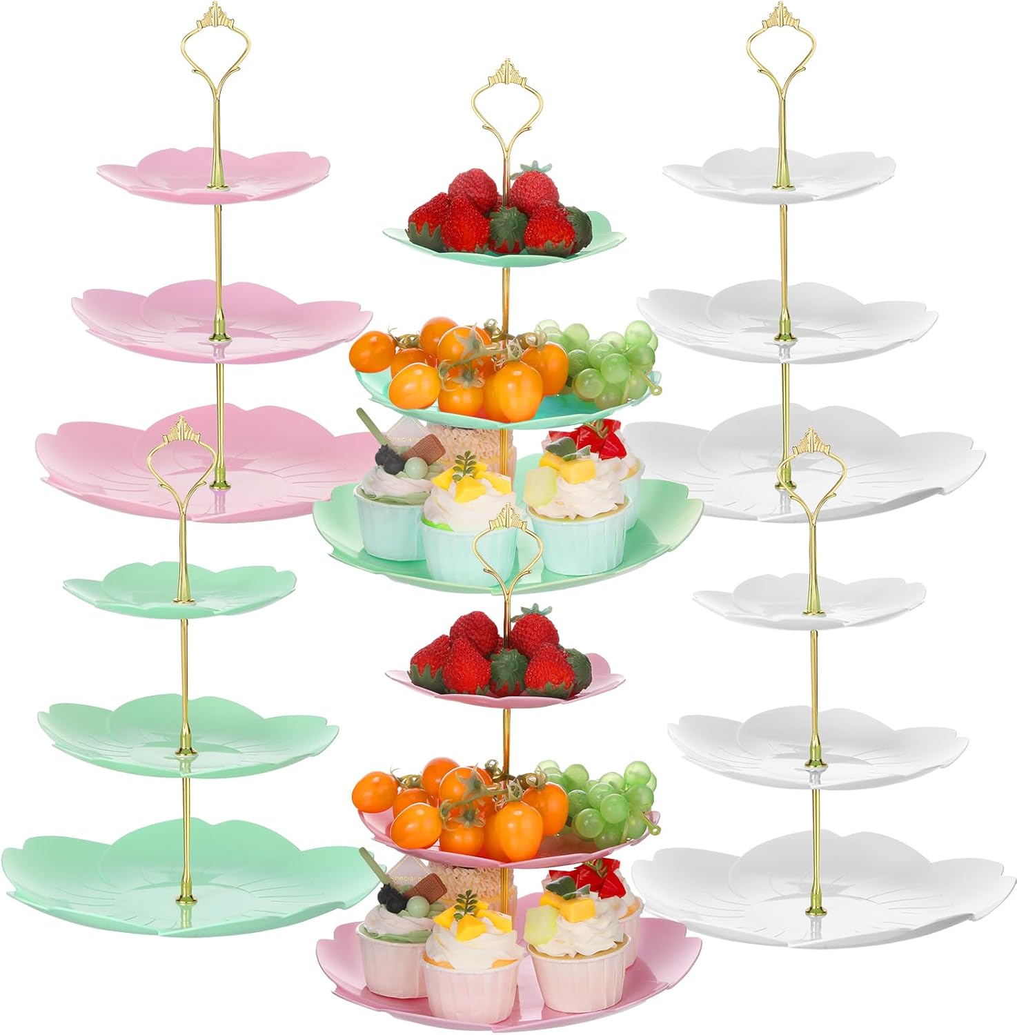 6 Sets Tea Party Decorations of 3 Tier Plastic Cupcake Stand Dessert Plates Cake Fruit Candy Display Tower for Wedding Birthday Baby Shower Tea Party Decorations(Square)