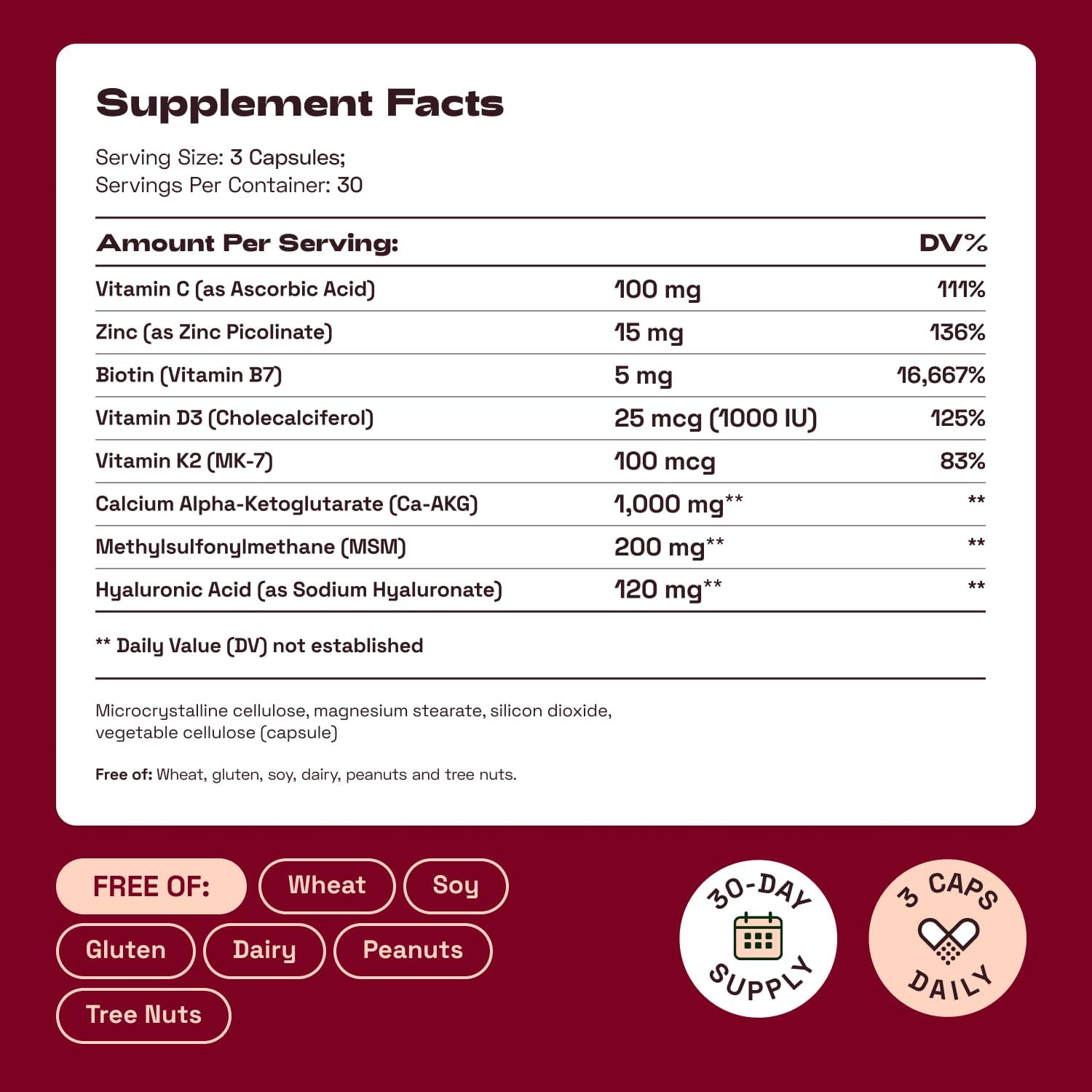 Hair Skin and Nails Vitamins – Biotin | Hyaluronic Acid | Calcium AKG | MSM | Vitamin C & Vitamin D3 K2 – Hair Vitamins for Women – Promotes Shiny Hair & Radiant Skin – 90 Capsules (1 Pack) - Image 8