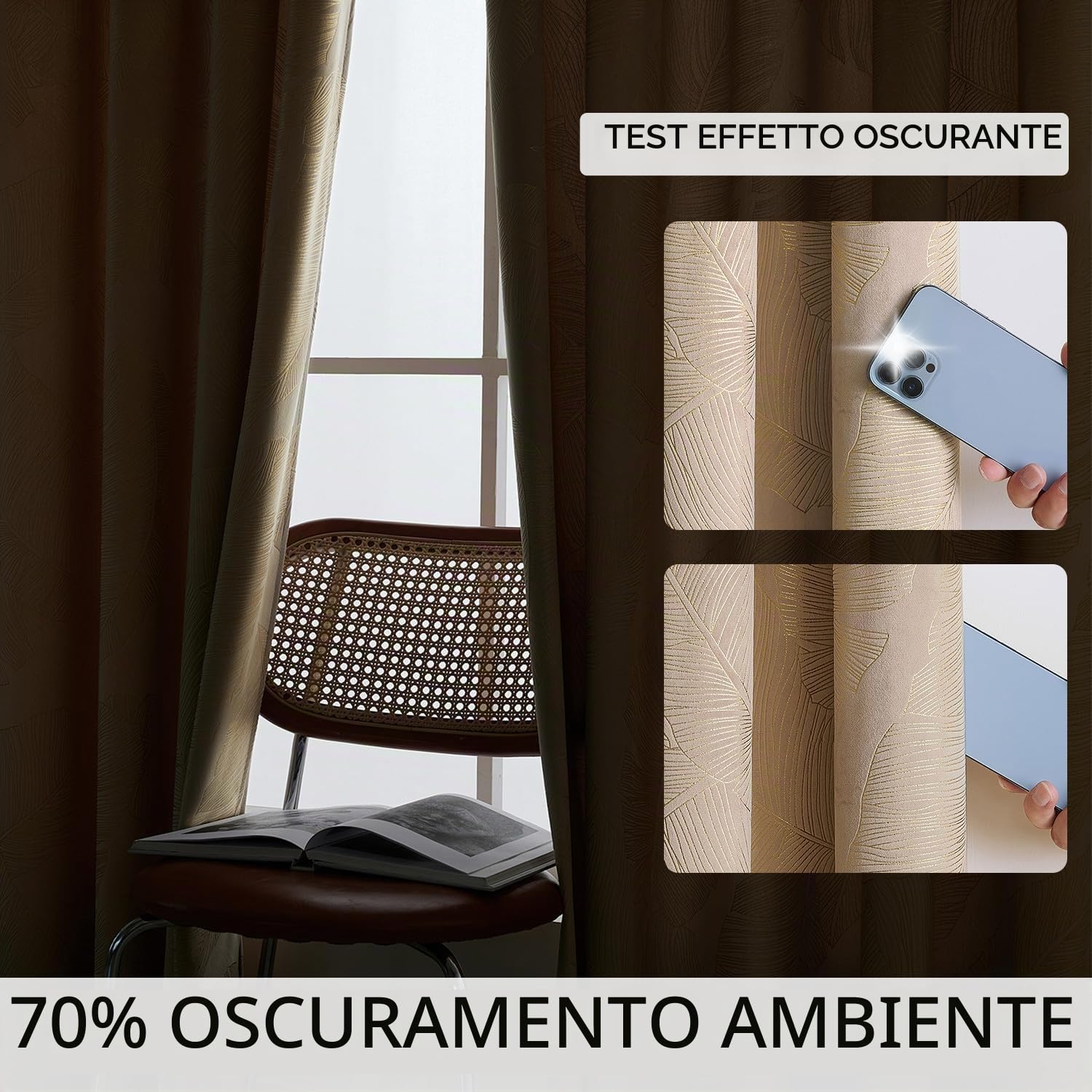 MIULEE Tende Velluto Con Nastro Arricciato, Tenda in Velluto Beige con Motivi di Foglie Oro, Tende Elegante Morbide Oscuranti Isolanti Termiche per Interni Soggiorno e Camera, 2 Pezzi, 140x260 CM