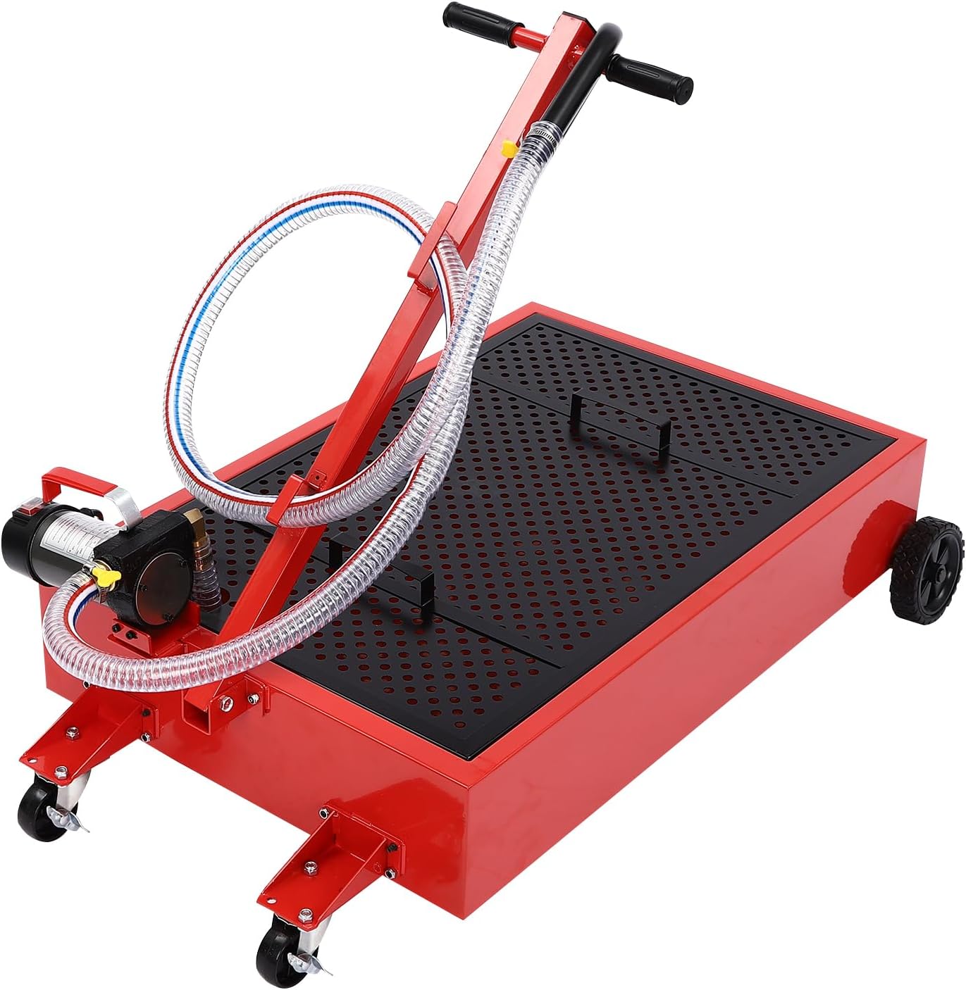 20 Gallon Oil Drain Pan with Electric Pump, Low-Profile Design, 120W Power, 10.57 GPM Flow Rate, 8ft Hose, Foldable T-Handle, Rolling Cart for Trucks & SUVs