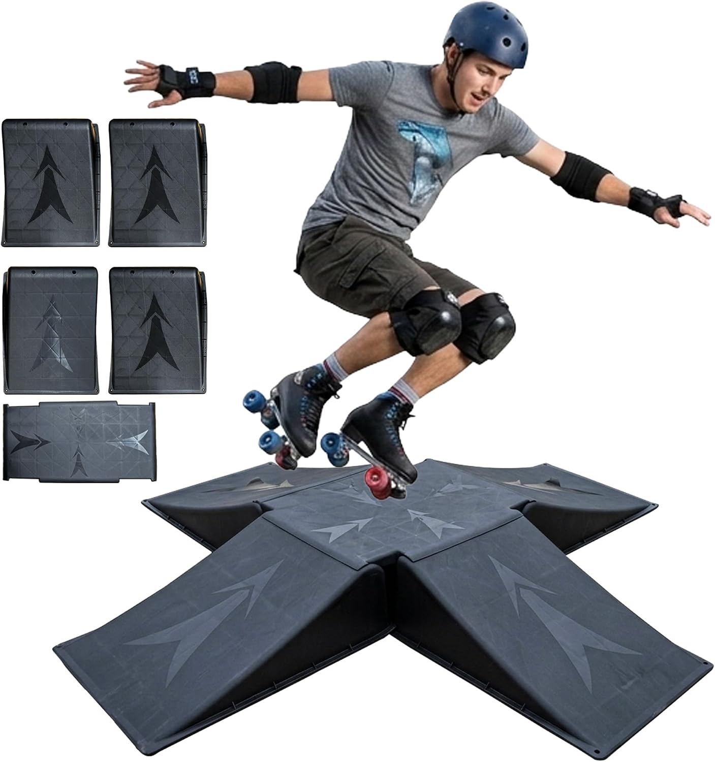 4+1 Mini Skate Ramp Set, Detachable 5-Piece Black PP Modular Ramp Kit with Large Center Plate, 220 lb Capacity, Portable Space-Saving Setup for Skateboard, Scooter, BMX and RC Play