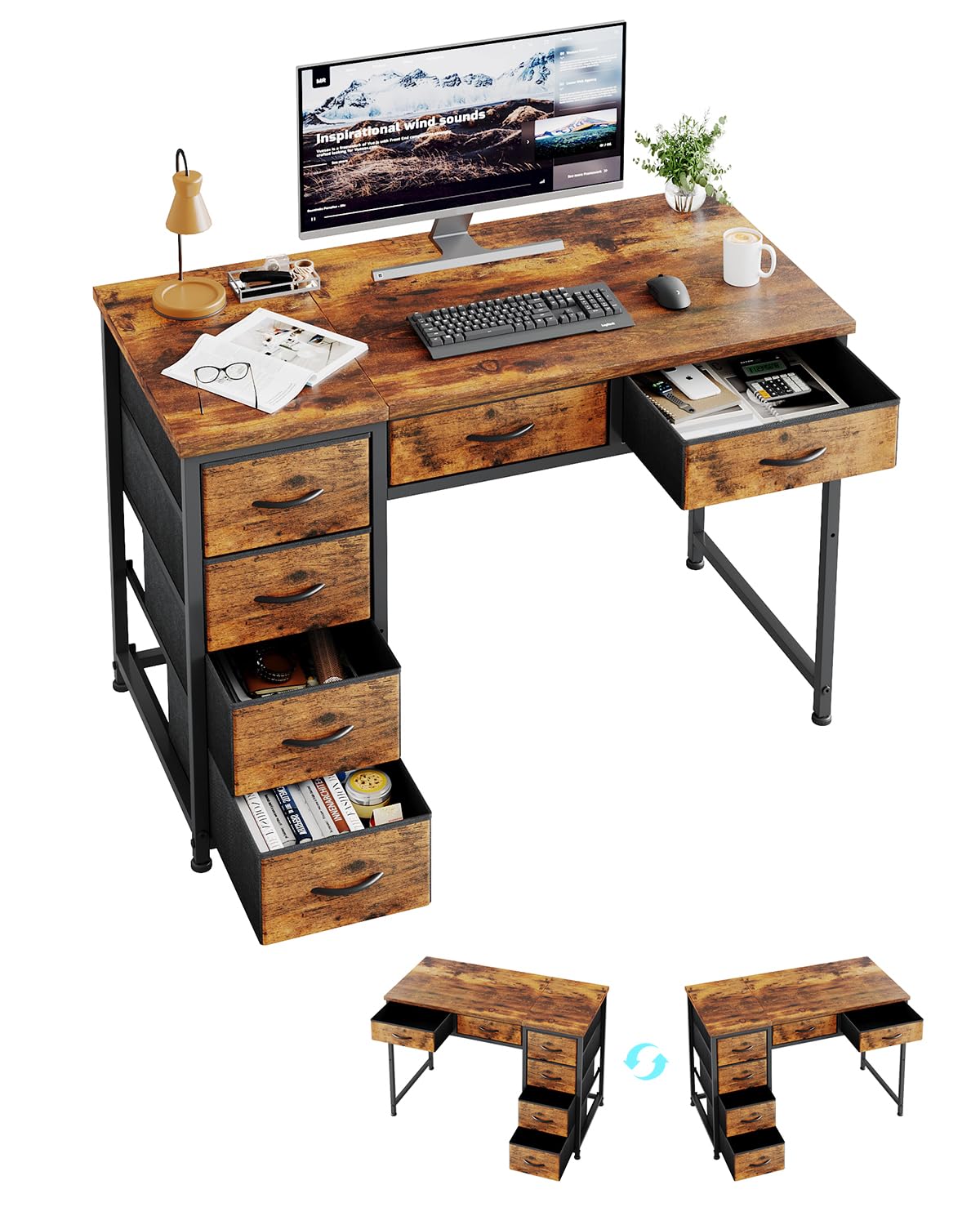 MUTUN 100x48 cm Desk, Small Computer Desk with 6 Fabric Drawers, Reversible Home Office Desk with Adjustable Feet, Work Desks for Office, Study, Vanity Table for Bedroom, Rustic Brown
