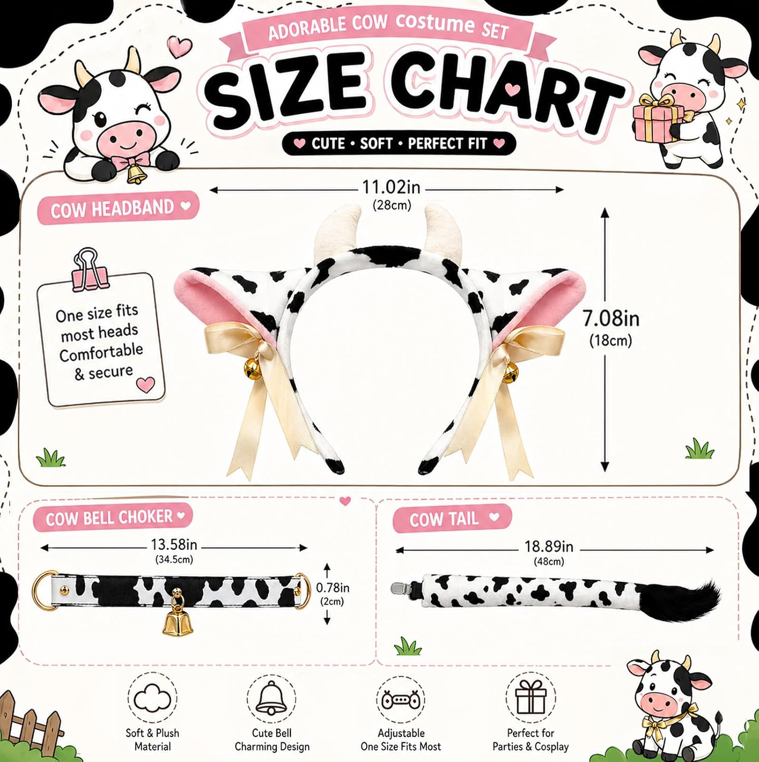 Cow Costume Accessories for Women - Cow Ears Headband, Tails & Cowbell Necklace Choker for Adult Costumes Outfit, Bell Collar Costumes Accessory for Halloween & Animal Cosplay