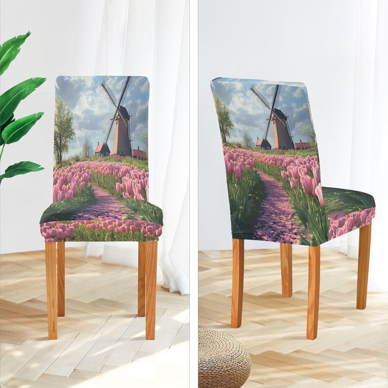 ALAZA Chair Covers for Dining Room, Pink Tulips Windmill Stretch Chair Cover Sets Chair Protector Removable Washable for Ktichen Restaurant Hotel