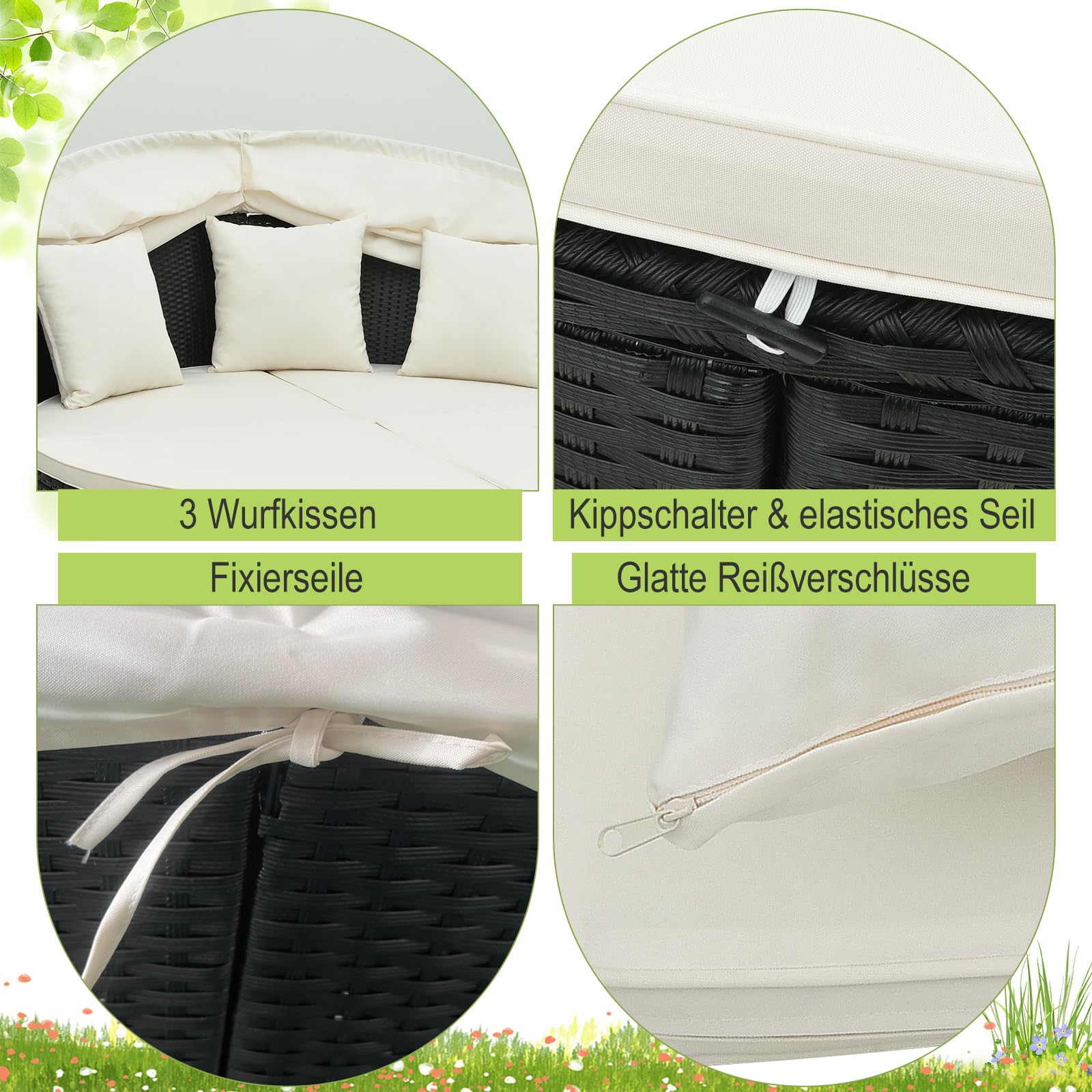 COSTWAY Sonneninsel Rattan mit Dach, Sonnenliege für 2 Personen, Gartenliege mit Sitz- und Rückenkissen, Lounge Möbel Outdoor, Liegeinsel für Garten, Terrasse