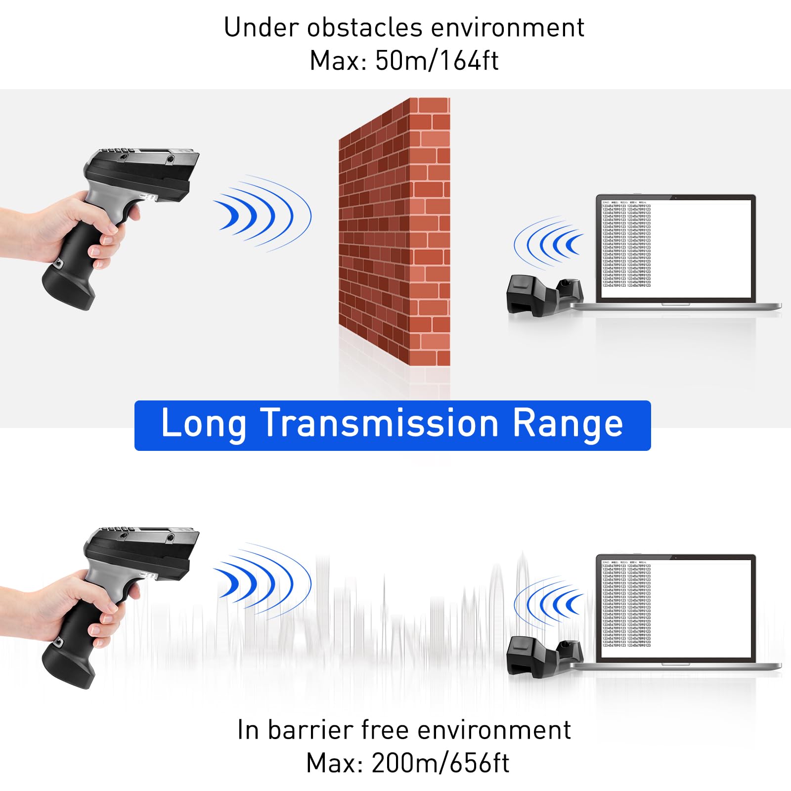 scanner wireless per codici a barre con base di ricarica CCD 1D, schermo di lettura dati 2,4 G, wireless e USB, con schermo LCD da 2,2"