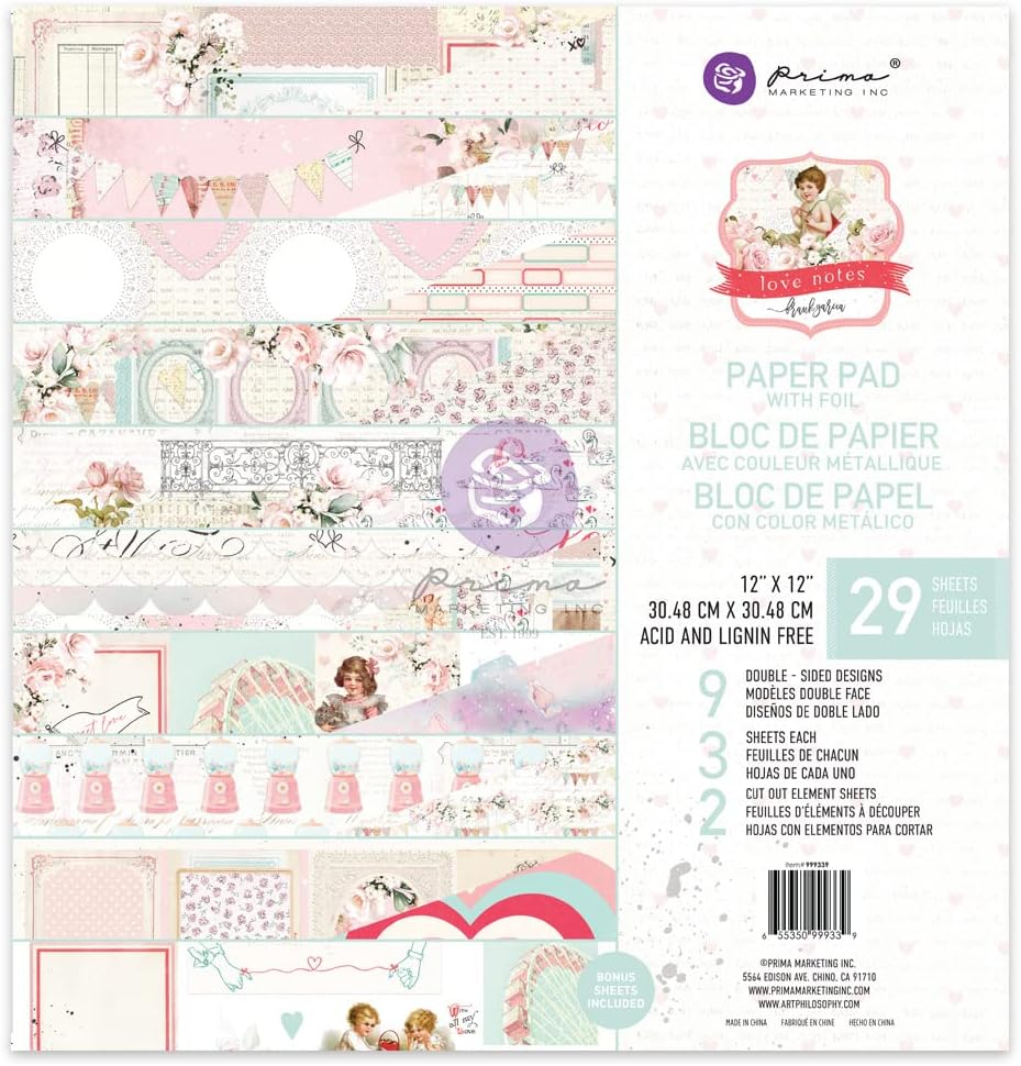 Prima Marketing Love Notes Collection 12x12 Paper Pad W Foil Details 29 Sheets Scrapbook Supplies Material Craft Decoupage Journals Planners