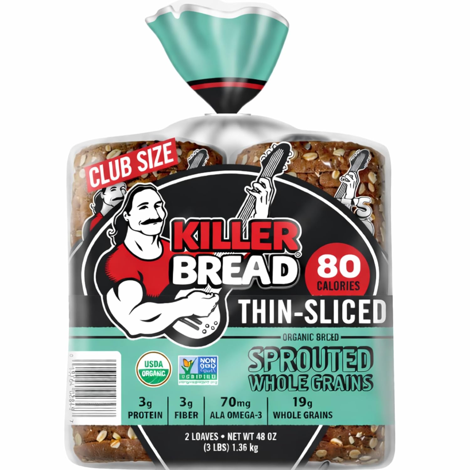 Killer Bread Organic Thin Sliced Sprouted Whole Grains Bread, Soft Sandwich Bread, USDA Organic, Non-GMO, 48 oz Loaves (2 Pack, 96 oz Total)