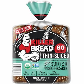 Killer Bread Organic Thin Sliced Sprouted Whole Grains Bread, Soft Sandwich Bread, USDA Organic, Non-GMO, 48 oz Loaves (2 Pack, 96 oz Total)