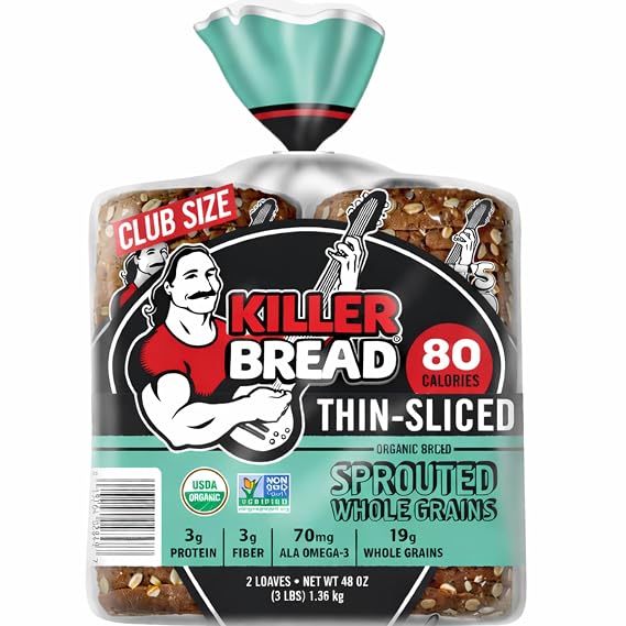 Killer Bread Organic Thin Sliced Sprouted Whole Grains Bread, Soft Sandwich Bread, USDA Organic, Non-GMO, 48 oz Loaves (2 Pack, 96 oz Total)