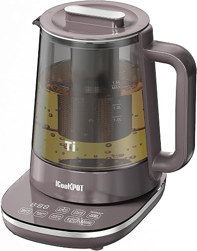 ICOOKPOT 1500W Titanium Hot Tea Maker Glass Electric Kettle with Infuser and Temperature Control, 1.5L Tea Maker Rapid Boiling,Programmable Control for your Favorite Teas and Coffee, Brown