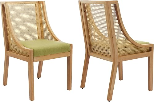 Miniatura 30 de French Country - Juego de 4 sillas de comedor de ratán beige, sillas de comedor de madera con respaldo de caña y asiento tapizado de lino, marco de
