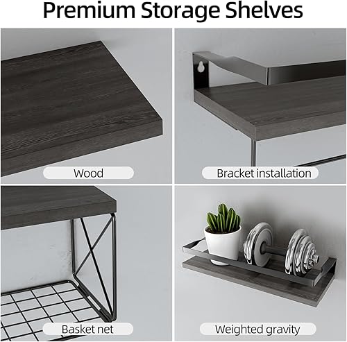 Miniatura 6 de Estante de montaje en pared, estante de pared, estantes flotantes para pared con cesta de almacenamiento, estantes de pared para baño, sala de