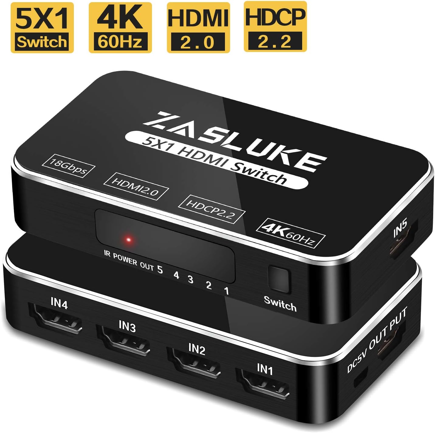 ZasLuke HDMI Switch 5 in 1 Out, HDMI 2.0 Switcher with IR Wireless Remote, Support 4K@60Hz, Full HD 1080P, HDR, HDCP 2.2 for PS4, Nintendo, Xbox 360 and More