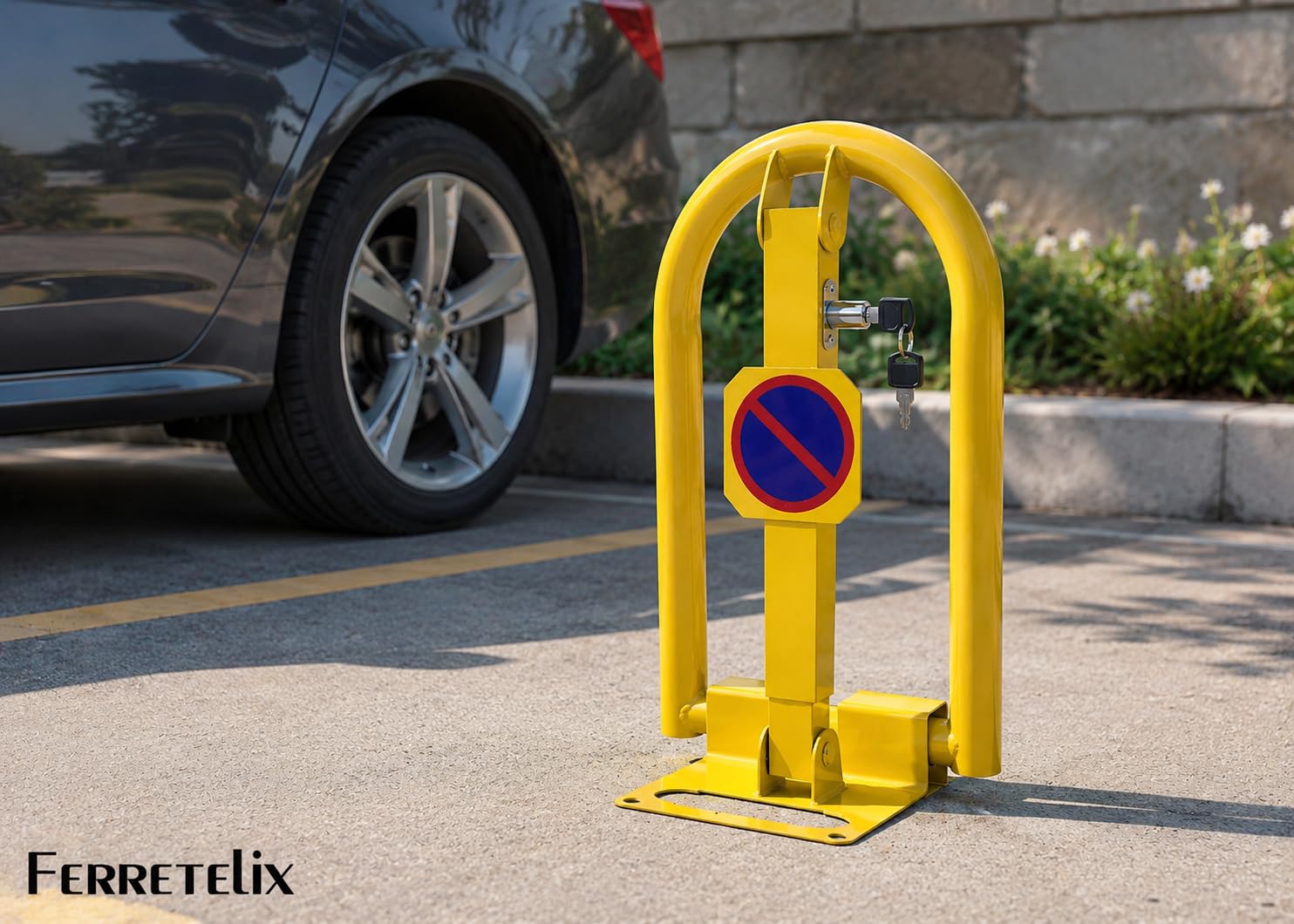 Ferretelix® Barrera de Parking Abatible con Cerradura – Cepo Parking Amarillo para Plaza de Garaje Privada – Valla de Aparcamiento Antirrobo con Llave – 50 cm x 30 cm x 23 cm