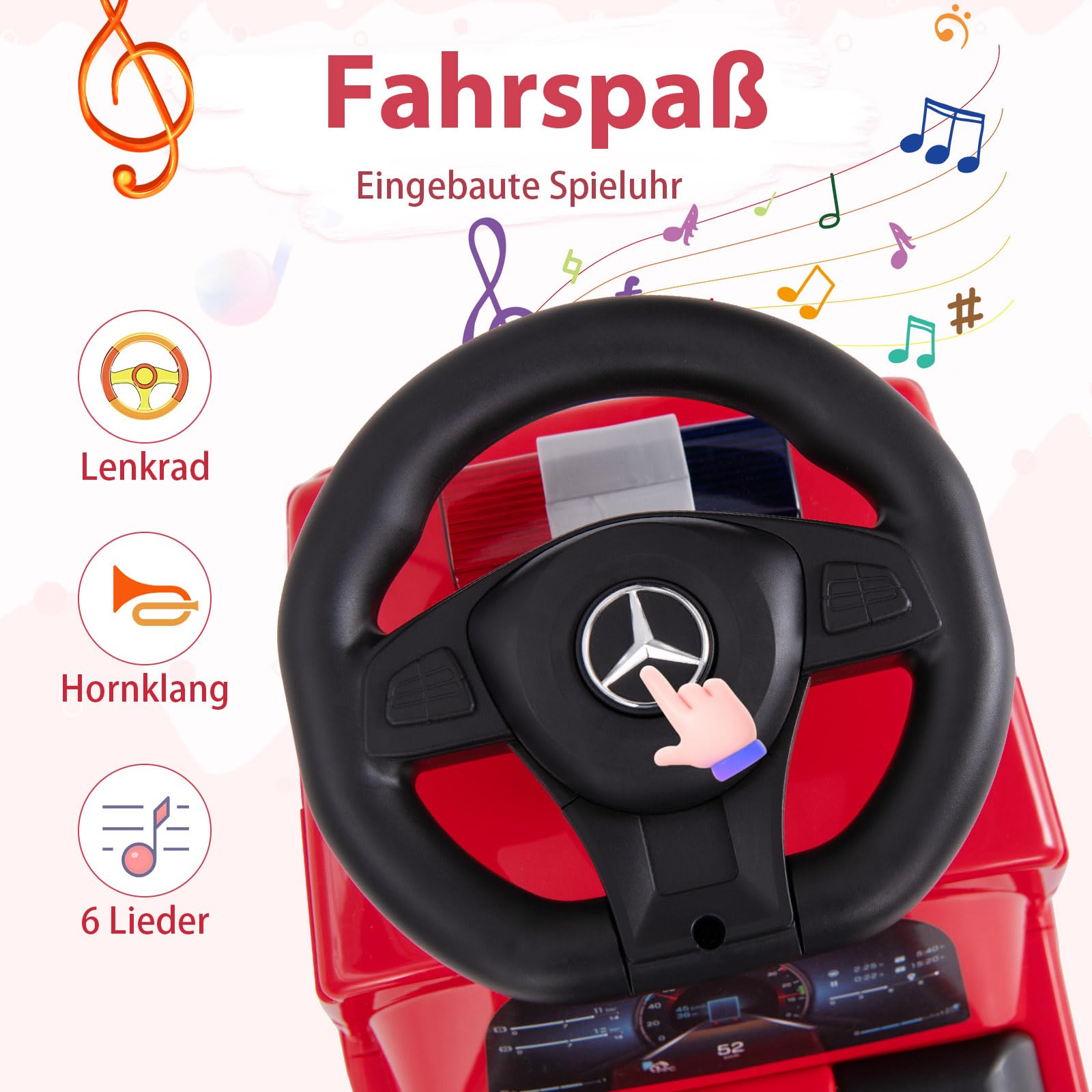 SOARS Mercedes-Benz Rutschauto, Feuerwehrauto mit Warnleuchte, Hupe & Musik, Rutschfahrzeug mit verstecktem Stauraum, Kinderfahrzeug bis 23 kg belastbar, für Kinder ab 2 Jahren