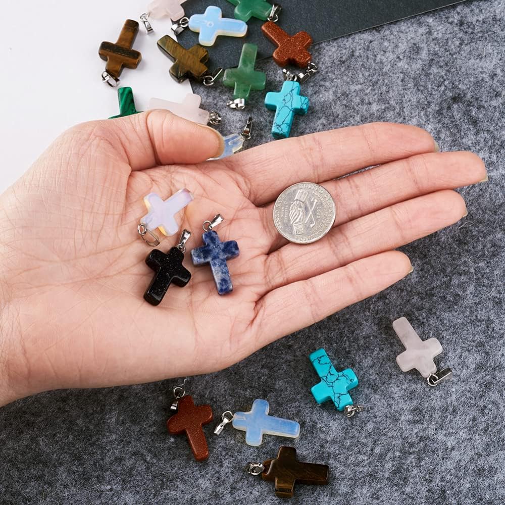 FASHEWELRY 50Pcs Cross Shape Natural Gemstone Pendants 10 Styles Crucifix Rock Stone Healing Chakra Charms for DIY Necklace Jewelry Making 26x15mm image 3