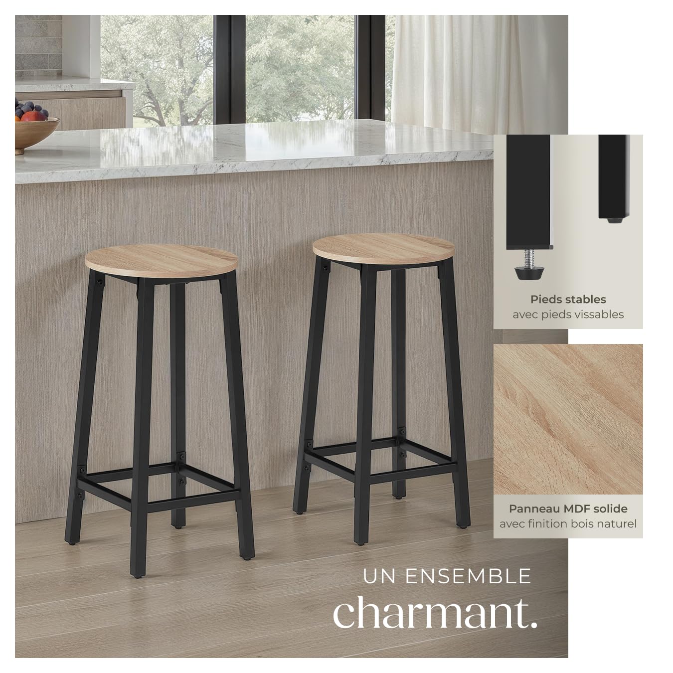 tectake® Tabouret de Bar, Ø 32 x 66 cm, Lot de 2 Tabouret Bar Style Industriel, Chaises Hautes avec Repose Pied Chaise Mange Debout Tabourets Cuisine Salle à Manger Chaise ilot Central, Bois Clair