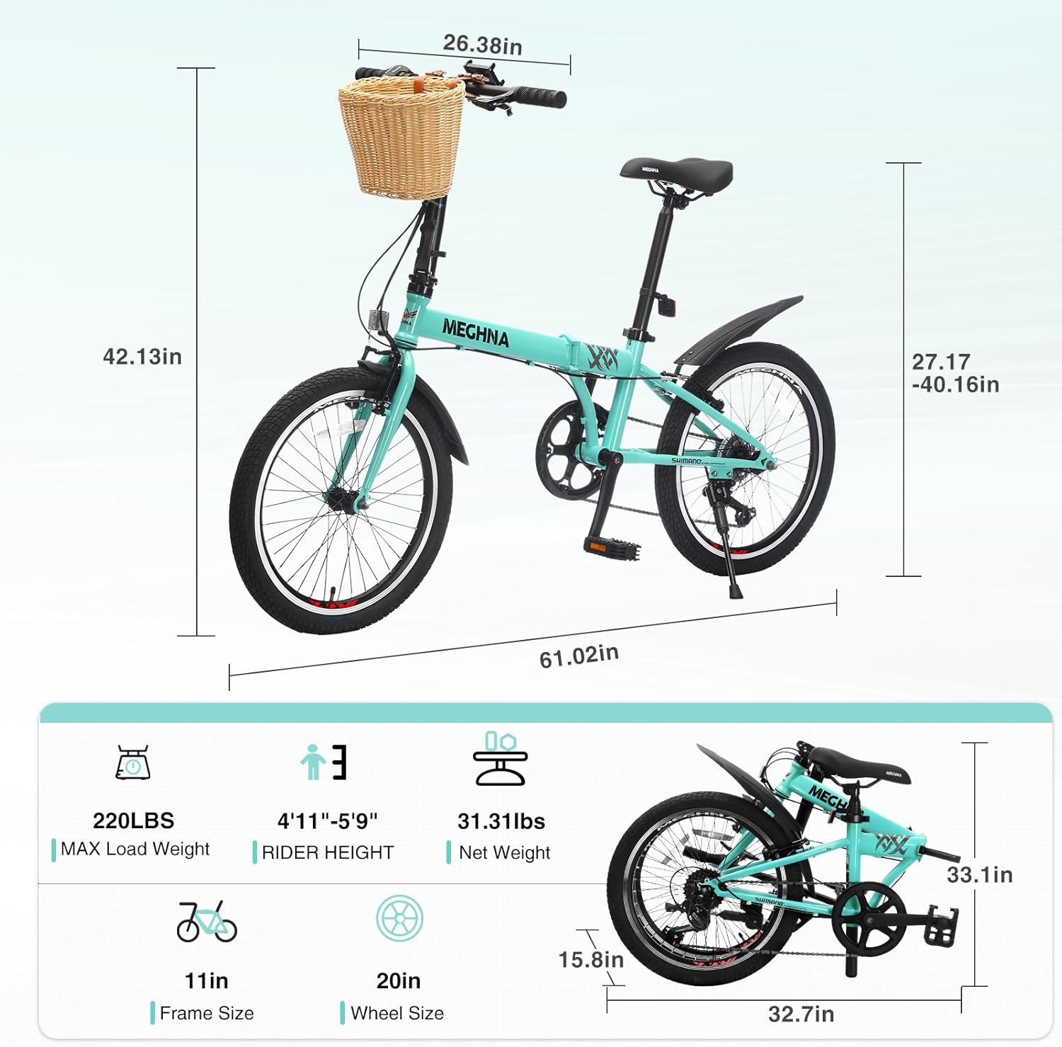 MEGHNA Folding Bike 20 inch Wheel 6 Speed Dual V Brakes Portable Foldable with Front Woven Basket Bike Fenders City Bike for Women Men Junior for Trip Commuting to Work Going to School