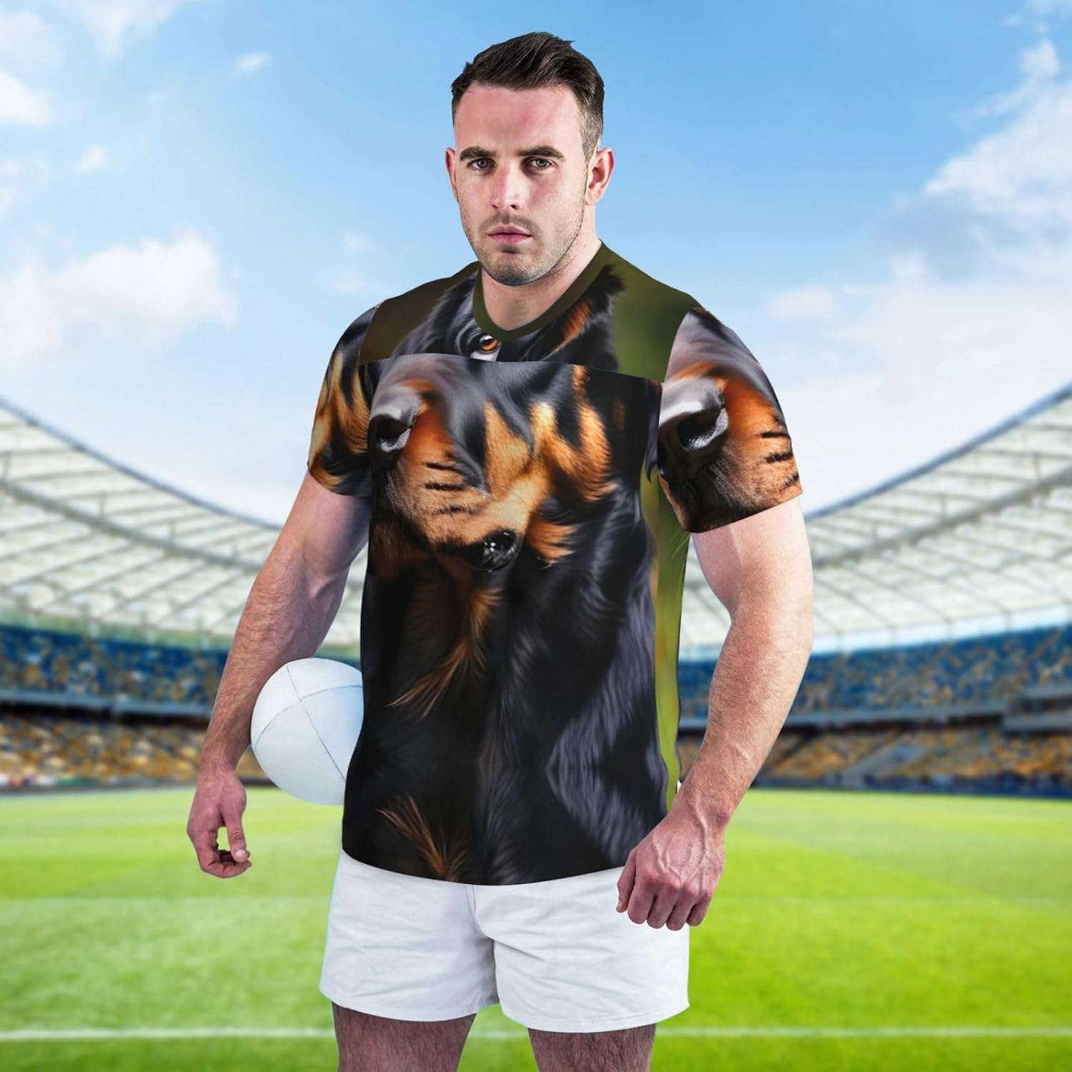 Rottweiler Pattern Rugby Football Jersey for Men, Comfortable V-Neck Loose Fit Top for Team Sports Athletics