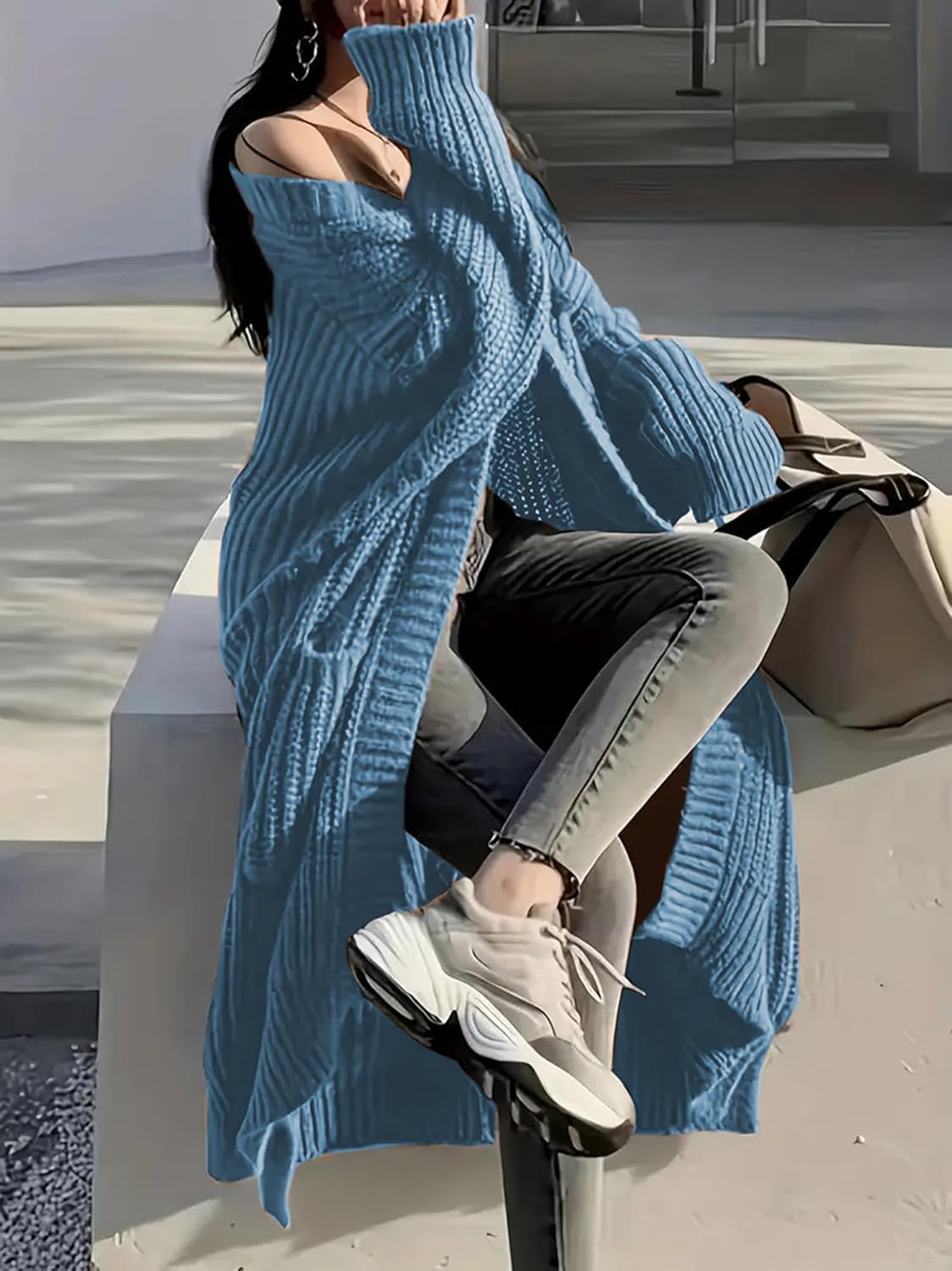 Women's Plus Size Oversized Long Cardigan Sweaters Chunky Knit Open Front Duster Coats with Pockets Winter Outwear - Image 4