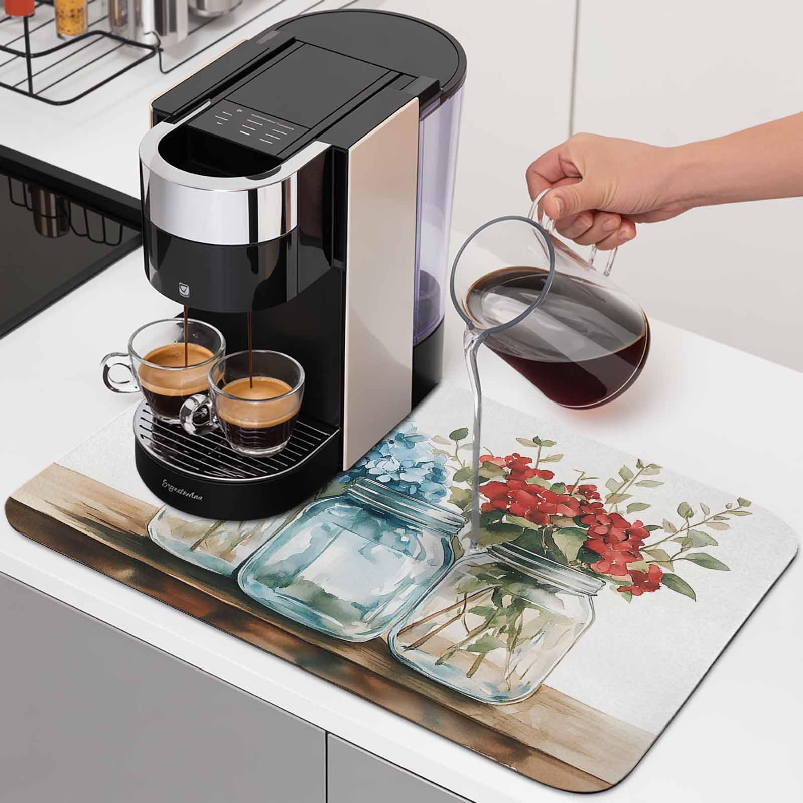 Spring Flowers Dish Drying Mat for Kitchen Counter, Absorbent Quick Dry Coffee Bar Mat Pad Thin Diatomaceous Sink Mats, Red Blue Bottle Floral Watecolor Eucalyptus Non Slip Dish Drainer Mats 16''x24''