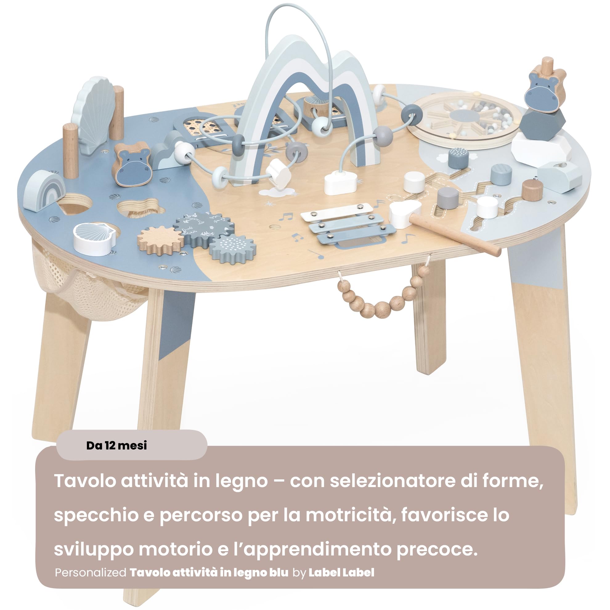 Label Label Personalizzato Tavolo attività in Legno Blu – stimola la motricità fine & Gioco sensoriale per Bambini dai 24 Mesi