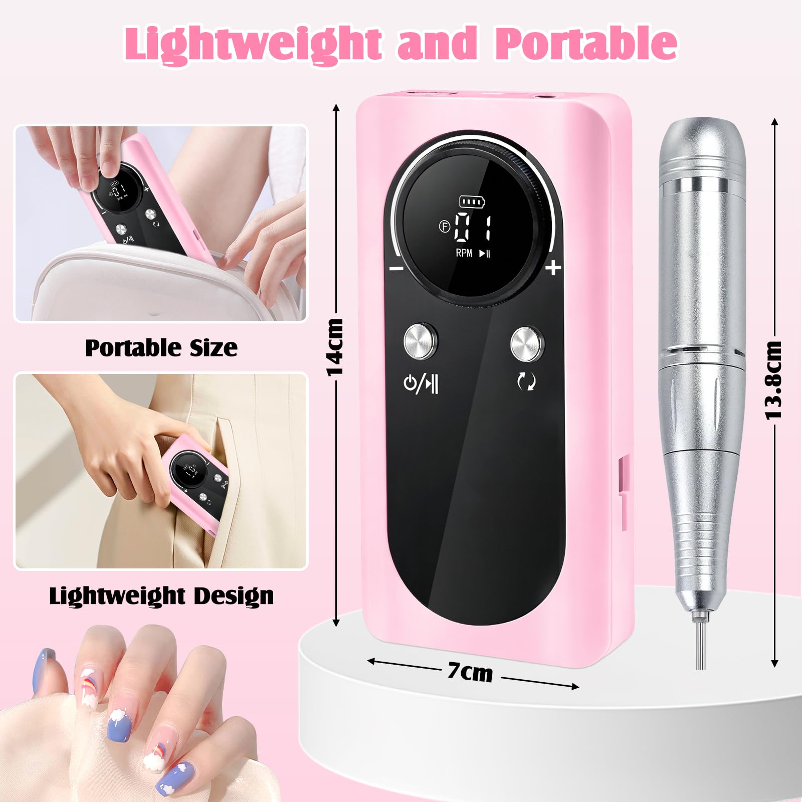 Ponceuse Pour Ongles Professionnel-45000 Rpm, 12 En 1 Ponceuse Ongle,Rechargeable,Lime a Ongle Electrique Portable,Avec Lcd écran Et Vitesse Réglable,Pour Gel Et Ongles En Acrylique,Salon