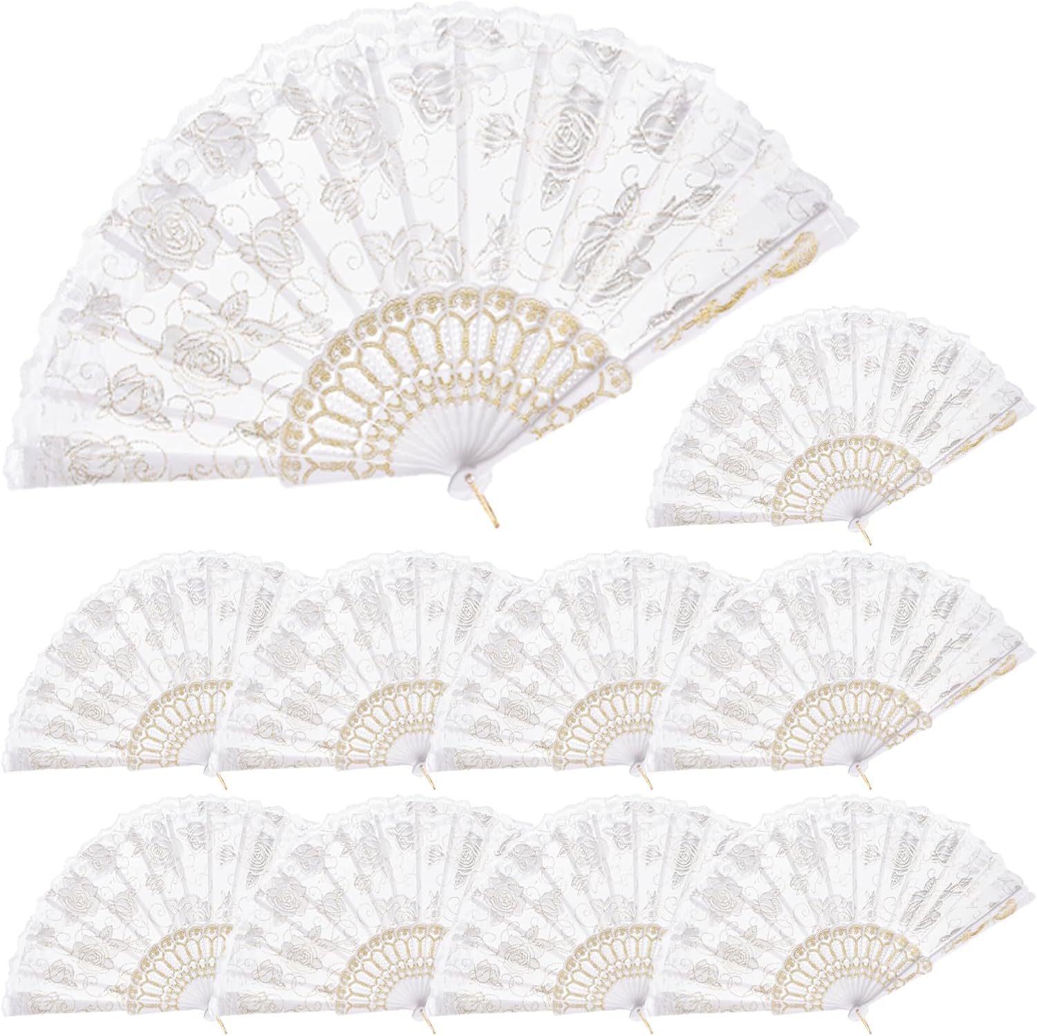 QIRMIZI 30pcs Silk Folding Hand Fans,Silk Fans,White Rose Fans,Perfect for Weddings, Parties, and Dancing,White