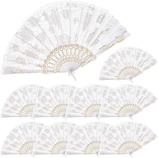 QIRMIZI 10 Pcs Rose Lace Folding Fans,Silk Folding Hand Fans, Perfect for Weddings, Parties, and Dancing,White
