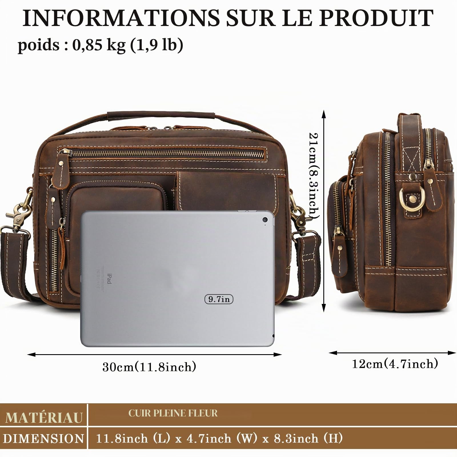 Sacoche Homme Bandouliere, Parfait pour Voyages & Quotidien - Petit Sac Messenger Vintage pour iPad 9,7 Pouces - Sac à Bandoulière Moderne pour Hommes